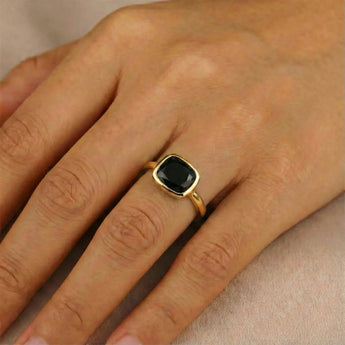 Black Onyx Cushion Ring - Pure Hush 18KT Yellow Gold Vermeil Worn View