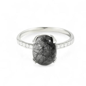 Black Rutilated Quartz Cabochon Ring - Minimal Spiritual 925 Sterling Silver Front View