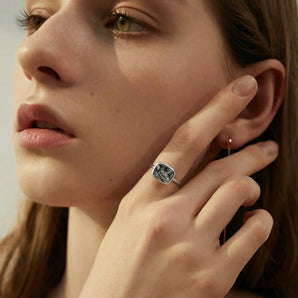 Black Rutilated Quartz Cushion Ring - Pure Hush 925 Sterling Silver Model Shot