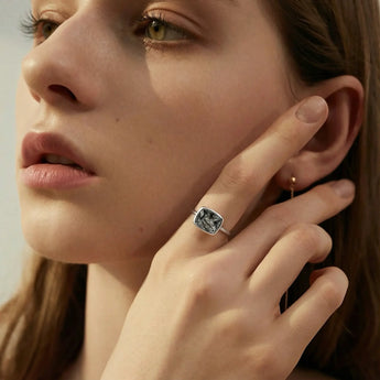 Black Rutilated Quartz Cushion Ring - Pure Hush 925 Sterling Silver Model Shot