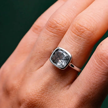 Black Rutilated Quartz Cushion Ring - Pure Hush 925 Sterling Silver Worn View