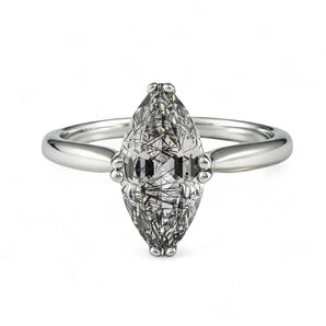 Black Rutilated Quartz Marquise Ring - Silent Glow 925 Sterling Silver Front View