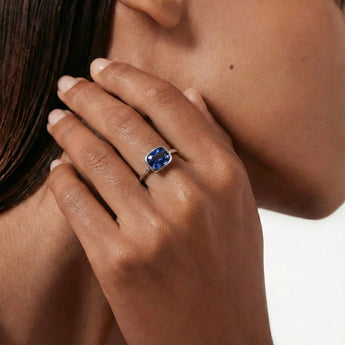 Blue Sapphire Cushion Ring - Pure Hush 925 Sterling Silver Model Shot