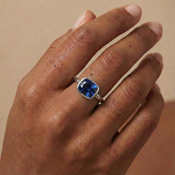 Blue Sapphire Cushion Ring - Pure Hush 925 Sterling Silver Worn View