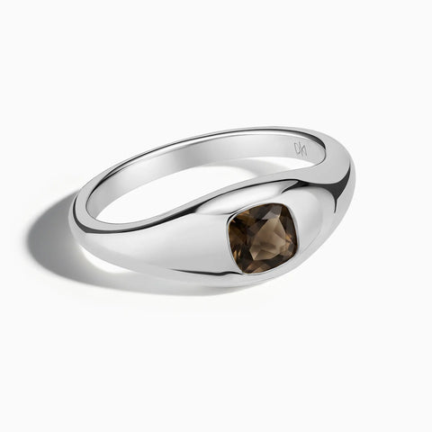 Cushion Smoky Quartz Signet Ring - Monolith 925 Sterling Front View