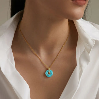 Donut Turquoise Pave Bar Necklace - Origin Loop 18KT Yellow Gold Vermeil Model Shot