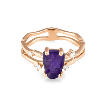 Double Band Raw Amethyst Ring - Interweave 18KT Rose Gold Vermeil Front View