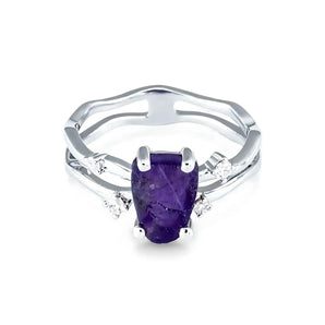 Double Band Raw Amethyst Ring - Interweave 925 Sterling Silver Front View