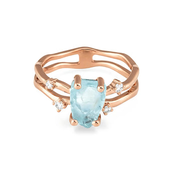 Double Band Raw Aquamarine Ring - Interweave 18KT Rose Gold Vermeil Front View