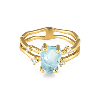 Double Band Raw Aquamarine Ring - Interweave 18KT Yellow Gold Vermeil Front View