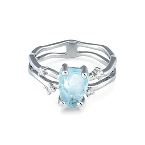 Double Band Raw Aquamarine Ring - Interweave 925 Sterling Silver Front View