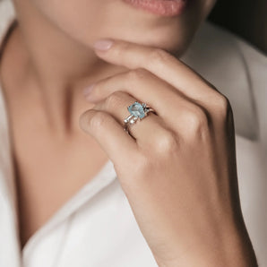 Double Band Raw Aquamarine Ring - Interweave 925 Sterling Silver Model Shot