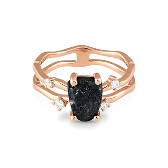 Double Band Raw Black Onyx Ring - Interweave 18KT Rose Gold Vermeil Front View