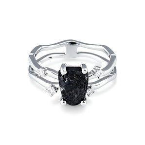 Double Band Raw Black Onyx Ring - Interweave 925 Sterling Silver Front View
