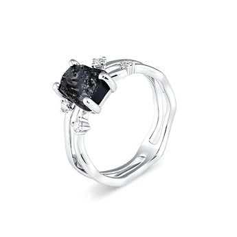 Double Band Raw Black Onyx Ring - Interweave 925 Sterling Silver Side View