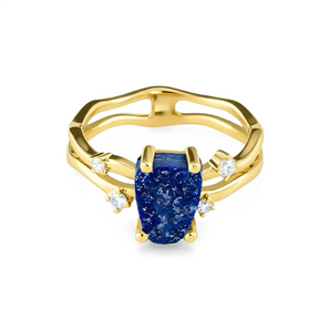 Double Band Raw Lapis Lazuli Ring - Interweave 18KT Yellow Gold Vermeil Front View