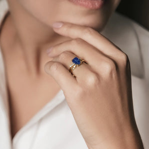 Double Band Raw Lapis Lazuli Ring - Interweave 18KT Yellow Gold Vermeil Model Shot