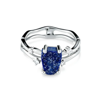 Double Band Raw Lapis Lazuli Ring - Interweave 925 Sterling Silver Front View