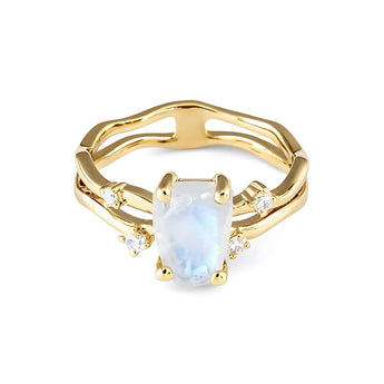 Double Band Raw Moonstone Ring - Interweave 18KT Yellow Gold Vermeil Front View