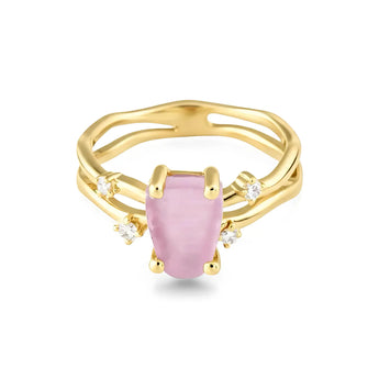 Double Band Raw Rose Quartz Ring - Interweave 18KT Yellow Gold Vermeil Front View