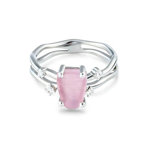 Double Band Raw Rose Quartz Ring - Interweave 925 Sterling Silver Front View
