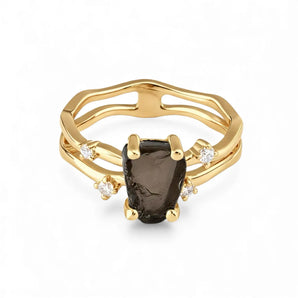 Double Band Raw Smoky Quartz Ring - Interweave 18KT Yellow Gold Vermeil Front View