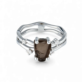 Double Band Raw Smoky Quartz Ring - Interweave 925 Sterling Silver Front View