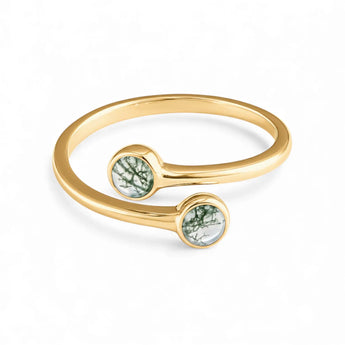 Double Cabochon Moss Agate Open Ring - Twins 18KT Yellow Gold Vermeil Front View