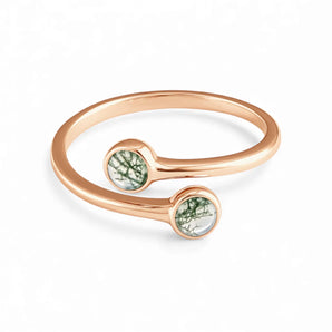 Double Cabochon Moss Agate Open Ring - Twins 18KT Rose Gold Vermeil Front View