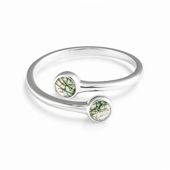 Double Cabochon Moss Agate Open Ring - Twins 925 Silver Front View