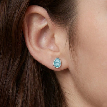 Freeform Aquamarine Bezel Stud Earrings - Fluid Frame 925 Sterling Silver Model Shot