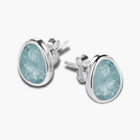 Freeform Aquamarine Bezel Stud Earrings - Fluid Frame 925 Sterling Silver Side View