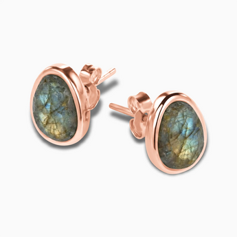 Freeform Labradorite Bezel Stud Earrings - Fluid Frame 18KT Rose Gold Vermeil Side View