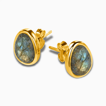 Freeform Labradorite Bezel Stud Earrings - Fluid Frame 18KT Yellow Gold Vermeil Side View