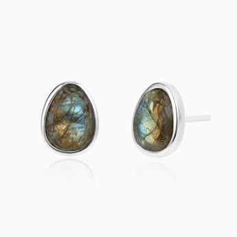 Freeform Labradorite Bezel Stud Earrings - Fluid Frame 925 Sterling Silver Front View
