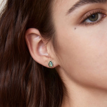 Freeform Labradorite Bezel Stud Earrings - Fluid Frame 925 Sterling Silver Model Shot