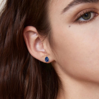 Freeform Lapis Lazuli Bezel Stud Earrings - Fluid Frame 18KT Rose Gold Vermeil Model Shot