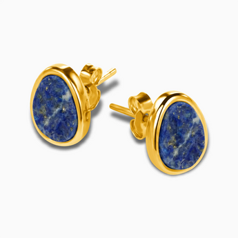Freeform Lapis Lazuli Bezel Stud Earrings - Fluid Frame 18KT Yellow Gold Vermeil Side View
