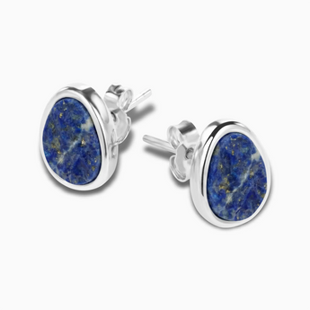 Freeform Lapis Lazuli Bezel Stud Earrings - Fluid Frame 925 Sterling Silver Side View
