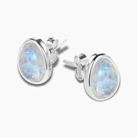 Freeform Moonstone Bezel Stud Earrings - Fluid Frame 925 Sterling Silver Side View