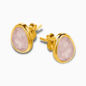 Freeform Rose Quartz Bezel Stud Earrings - Fluid Frame 18KT Yellow Gold Vermeil Side View