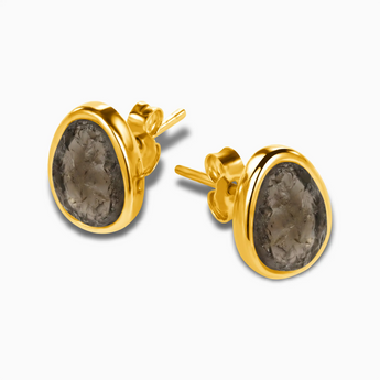 Freeform Smoky Quartz Bezel Stud Earrings - Fluid Frame 18KT Yellow Gold Vermeil Side View