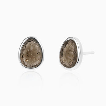 Freeform Smoky Quartz Bezel Stud Earrings - Fluid Frame 925 Sterling Silver Front View