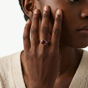 Garnet Cushion Ring - Pure Hush 925 Sterling Silver Model Shot