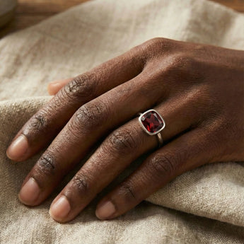 Garnet Cushion Ring - Pure Hush 925 Sterling Silver Worn View