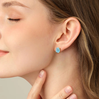 Geometric Freeform Aquamarine Studs - Facet Prism 18KT Yellow Gold Vermeil Model Shot