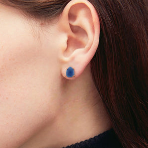 Geometric Freeform Blue Sapphire Studs - Facet Prism 18KT Rose Gold Vermeil Model Shot
