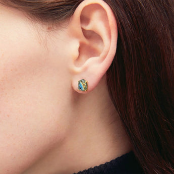 Geometric Freeform Labradorite Studs - Facet Prism 18KT Yellow Gold Vermeil Wearing Diagram