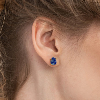 Geometric Freeform Lapis Lazuli Studs - Facet Prism 18KT Yellow Gold Vermeil Model Shot Close Up