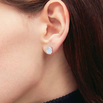 Geometric Freeform Moonstone Studs - Facet Prism 925 Sterling Silver Model Shot